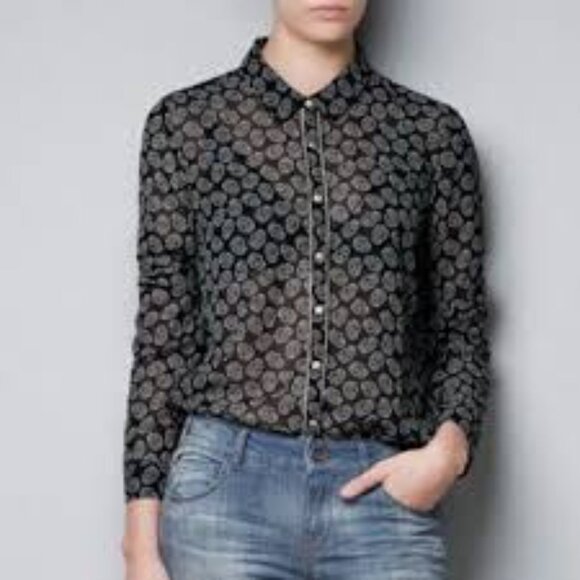 Zara Sheer Blouse Shirt with Skulls Halloween L - Picture 1 of 6
